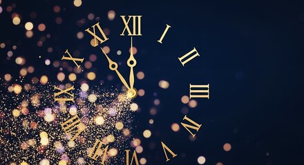 A close up of a golden clock face with Roman numerals displays the hands nearing midnight surrounded by sparkling bokeh lights and scattered glitter on a dark blue background