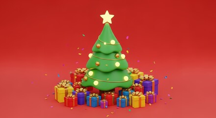 A stylized green Christmas tree adorned with glowing lights and golden ornaments stands surrounded by an assortment of colorful gift boxes with confetti falling on a vibrant red background