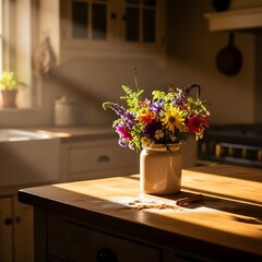 Colorful wildflowers in a rustic vase on a kitchen counter.