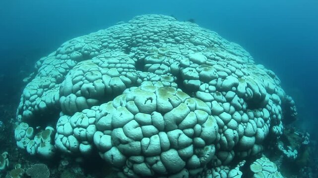 A massive coral colony in Indonesia is bleached due to high sea surface temperatures. Bleaching occurs when symbiotic Symbiodinium are expelled from coral polyps leaving the colony looking white.