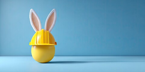 Yellow Easter egg with bunny ears and construction helmet on blue background