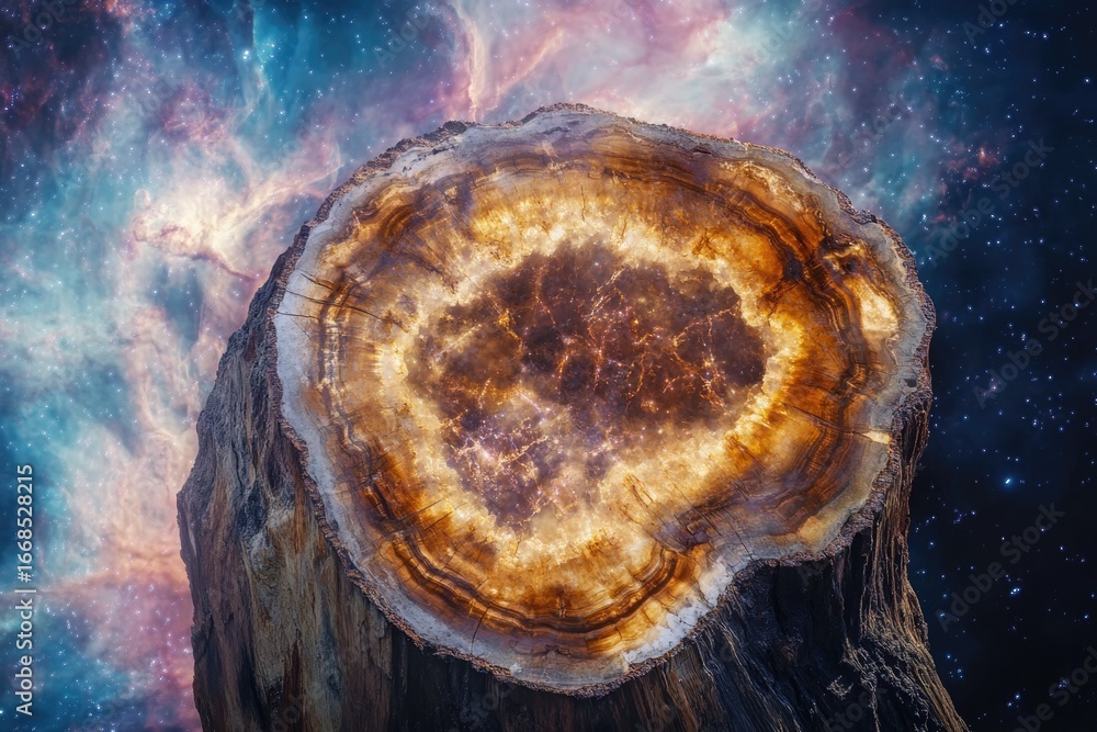 Poster a mesmerizing cosmic nebula mirrored within the cross-section of a petrified tree, a breathtaking bl