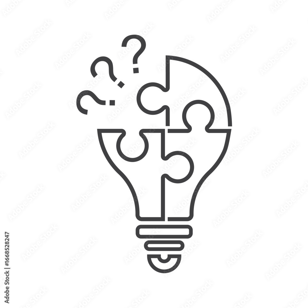 Poster vector icon concept of three connected light bulb puzzle, missing piece with question mark.