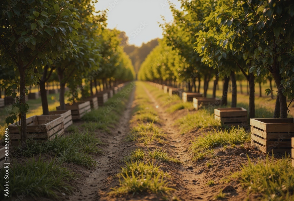 Poster u-pick fruit orchard scene with a serene lane and stacked crates