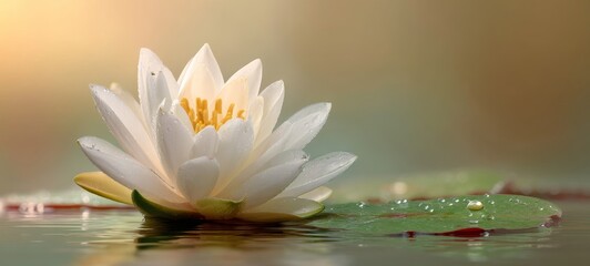 Elegant White Lotus Flower Floating on Calm Water with Dewy Green Leaves, Minimalistic Softly Blurred Background, Warm Natural Light, Ample Space for Text, Serene and Luxurious Mood