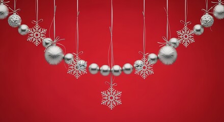 Silver Christmas ornaments including patterned baubles and snowflake decorations suspended on white ribbons against a plain red background Holiday Winter