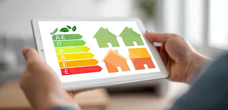 Tablet displays energy efficiency ratings of homes, using color-coded chart showing A-E grades & house icons indicating different levels of energy consumption