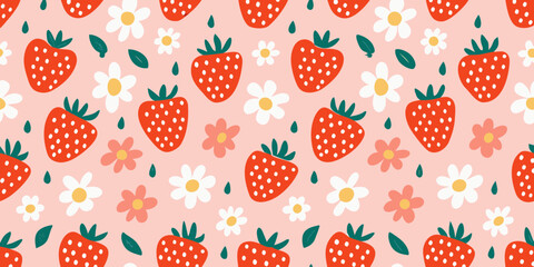 Seamless Strawberry and Daisy Pattern Pink Background