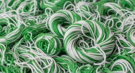 Twisted, swirling, messy pile of green and white yarn, background pattern