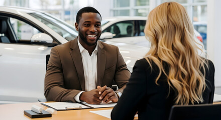 Friendly car salesman and customer discussing a new vehicle purchase at a modern dealership showroom, ensuring a smooth and positive experience.
