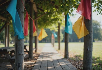 Colorful bunting hanging from a picnic pavilion, creating a festive atmosphere