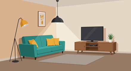Bright Scandinavian living room with large window and modern furniture in vector art