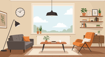 Bright Scandinavian living room with large window and modern furniture in vector art