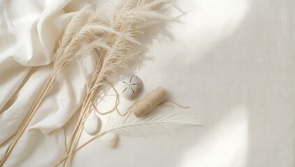 Elegant flat lay composition featuring pampas grass, sand dollars, and seashells on a soft white fabric, creating a serene and minimalist aesthetic