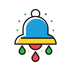 Vector art of stylized bell icon with blue, yellow, and red elements, featuring falling droplets