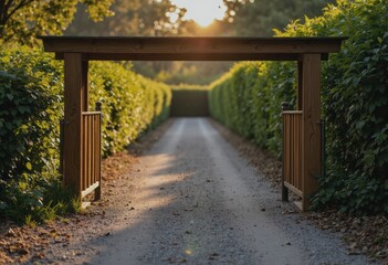 Double entry area frame and guard at a serene dog park entrance