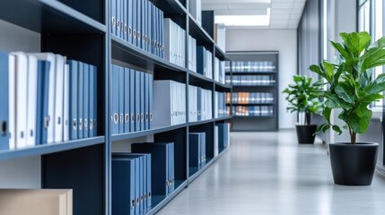 Fototapeta premium Modern Office Interior with Organized Shelves and Green Plants in Workspace