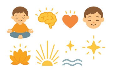 Children's Mindfulness Icons. Flat vector mini-illustrations Inner soul in colors children's illustrations: meditating child,