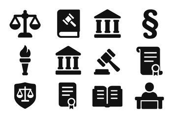 Law Symbol Icons. Solid style icons of law symbols: balanced scales of justice, law book with gavel, courthouse icon, paragraph