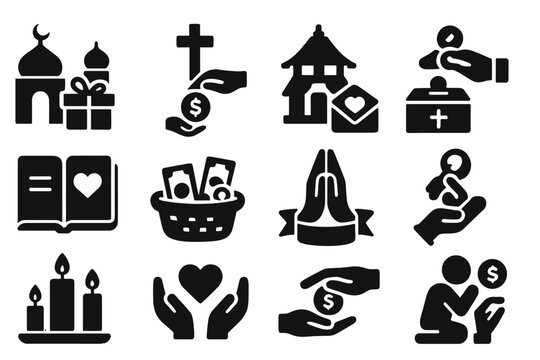 Faith-Based Donation Icons. Solid style icons of faith-based donations: mosque with gift icon, cross with donation box, temple