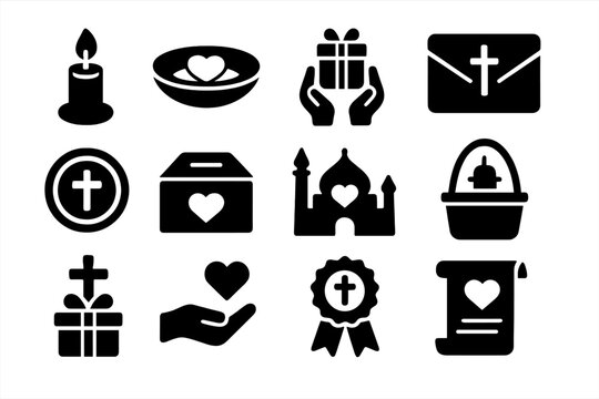 Spiritual Donation Icons. Solid style icons of spiritual and religious donations: donation candle, offering plate with heart,