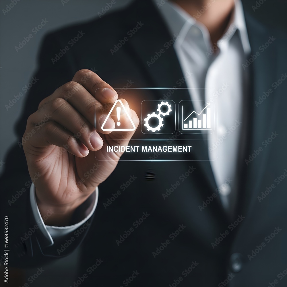 Poster businessman interacting with holographic interface displaying business analytics and gears