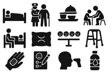 Patient Care Icons. Solid style icons of patient care and services: patient lying in bed, nurse assisting patient, hospital meal