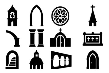 Church Architecture Icons. Solid style icons of church architecture elements: church bell tower, gothic arch, rose window, steeple