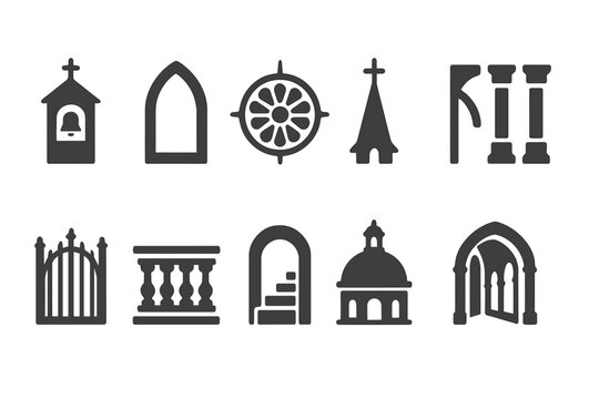 Church Architecture Icons. Solid style icons of church architecture elements: church bell tower, gothic arch, rose window, steeple