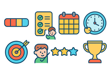 Children's Progress Icons. Flat vector mini-illustrations progress indicators in colors children's illustrations: progress bar,