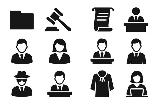Government Icons Overview. Solid style icons of government branches and roles: executive folder, judicial gavel, legislative