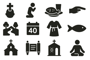 Lent Iconography. Solid style icons of Lent: ashes cross, praying figure, fasting meal, giving hand, wilderness path, 40-day