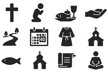 Lent Iconography. Solid style icons of Lent: ashes cross, praying figure, fasting meal, giving hand, wilderness path, 40-day