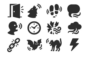 Scary Sound Icons. Solid style icons of scary sound effects: creaking door, wolf howl, footsteps echo, whisper cloud, distant