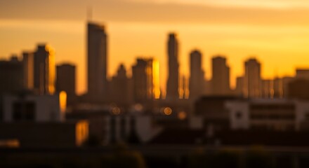 Obraz premium Blurred city skyline at sunset with warm golden light illuminating buildings