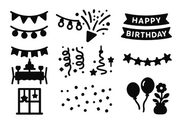 Birthday Decoration Icons. Solid style icons of birthday decorations: hanging garland, string lights, confetti burst, &ldquo;Happy