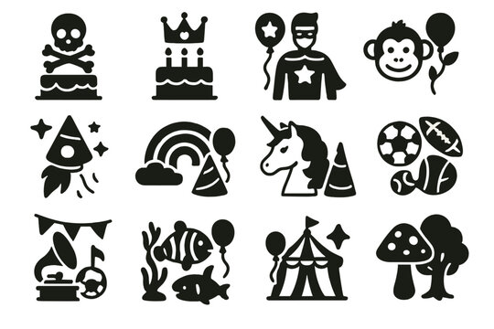 Themed Birthday Icons. Solid style icons of themed birthday parties: pirate party, princess theme, superhero celebration, jungle