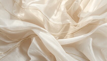 Obraz premium Closeup of flowing beige organza fabric with delicate golden threads, creating a luxurious and elegant texture for fashion, design, or wedding themes