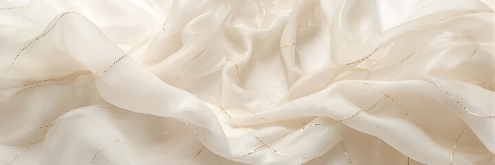 Closeup of shimmering creamcolored silk fabric with subtle glitter, creating a luxurious and elegant texture for backgrounds and designs