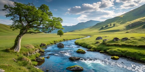 Serene Mountain Valley with Winding River and Lush Greenery Under a Cloudy Sky.
