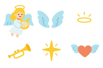 Colorful Angelic Icons. Flat vector mini-illustrations angels in colors children's illustrations: angel with harp, angel wings,