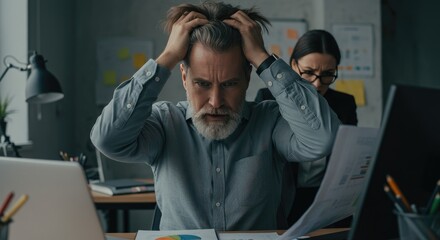 A man and woman look frustrated struggling with last minute changes before deadline showing stress pressure teamwork and office challenge