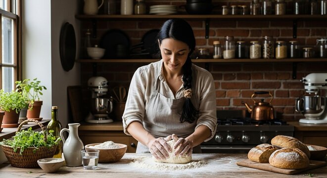 Artisan Bread Baker: Capturing the essence of a serene kitchen scene, a skilled baker lovingly kneads dough on a well-worn wooden surface, surrounded by the aroma of baking bread and rustic charm. 