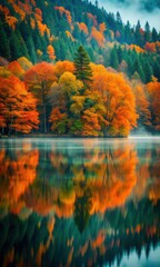 Obraz premium Photo of vibrant autumn forest with colorful orange and red leaves reflected in a calm lake, showcasing the beauty of fall foliage and nature
