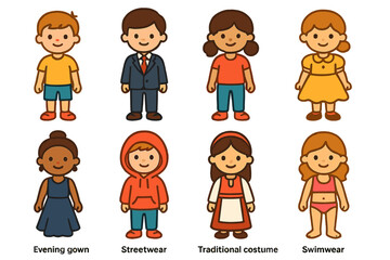 Colorful Fashion Styles. Flat vector mini-illustrations fashion styles in colors children's illustrations: casual wear, formal