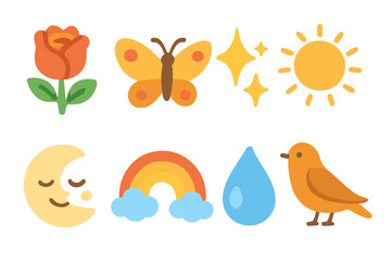 Colorful Nature Icons. Flat vector mini-illustrations beauty in colors children's illustrations: blooming rose, butterfly,