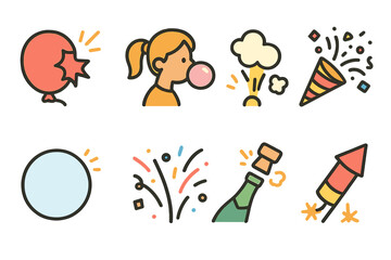 Colorful Pop Icons. Flat vector mini-illustrations pop sounds in colors children's illustrations: popping balloon, bubble gum