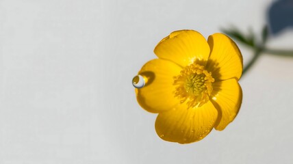 Single yellow buttercup flower with water droplet on petal