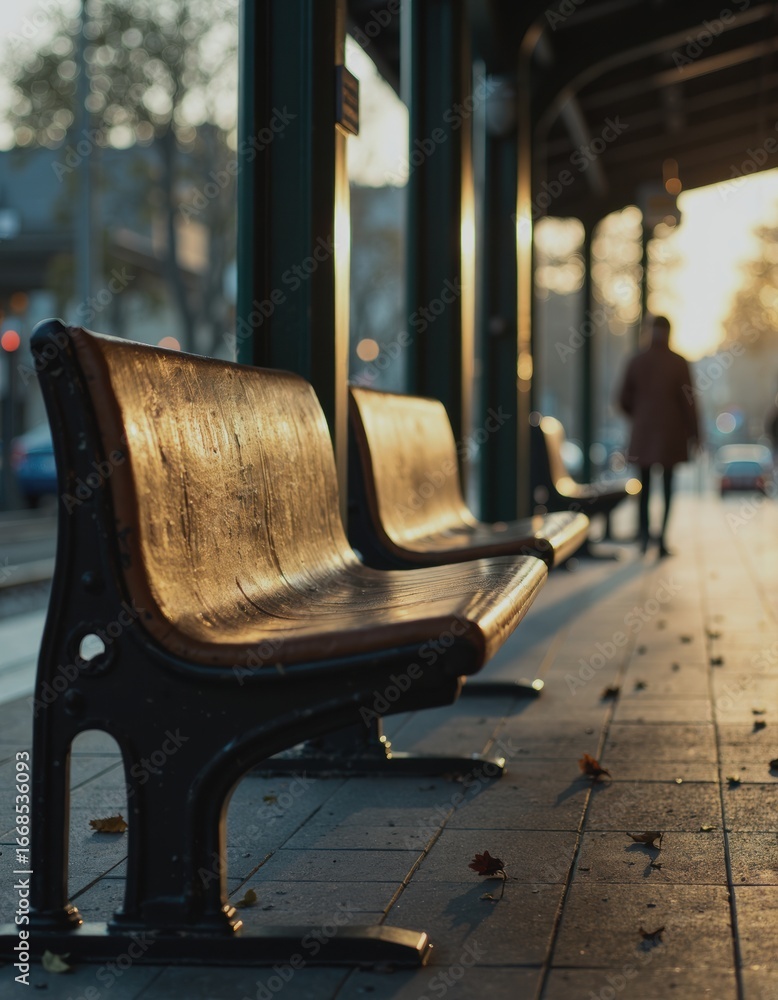 Poster platform bench row with stanchions in a serene urban setting