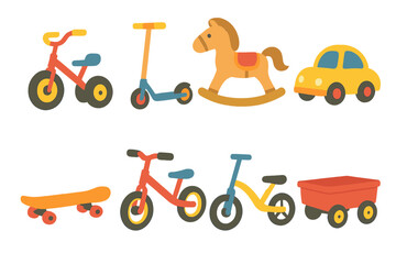 Colorful Ride-On Toys. Flat vector mini-illustrations ride-on toys in colors children's illustrations: tricycle, scooter, rocking